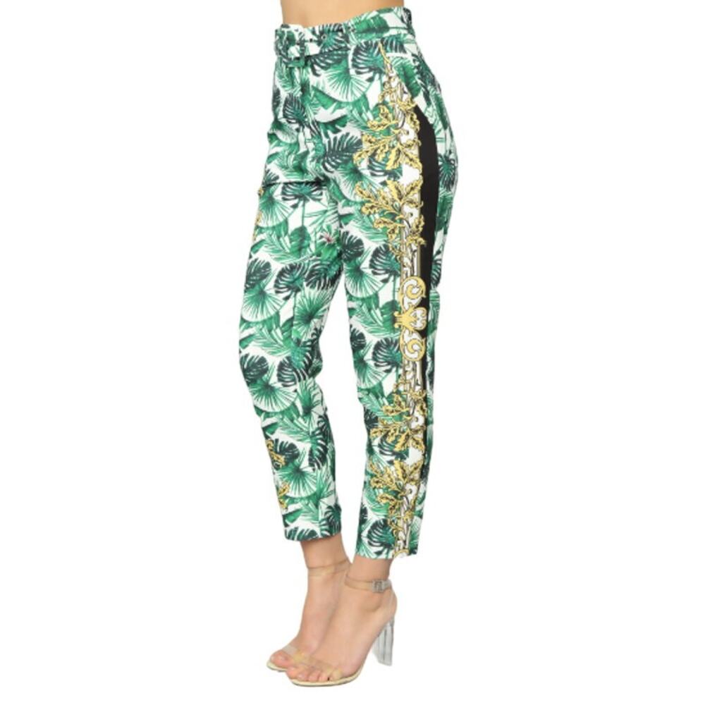 A.PEACH Green Tropical Palm Frond Print Gold Leaf Trim Satin Ankle Pants Medium